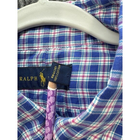 Ralph Lauren Button Down Shirt Sz Large Blue Gingham Plaid Pony Logo Long Sleeve - Picture 3 of 8